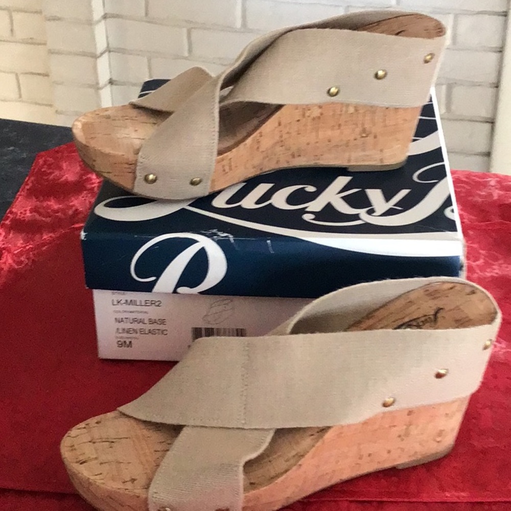 Lucky Brand Beige Linen Cork Wedge Sandals